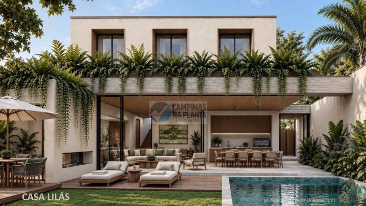 Piscina e fachada dos fundos da Casa Lilás no Le Jardin, Campinas