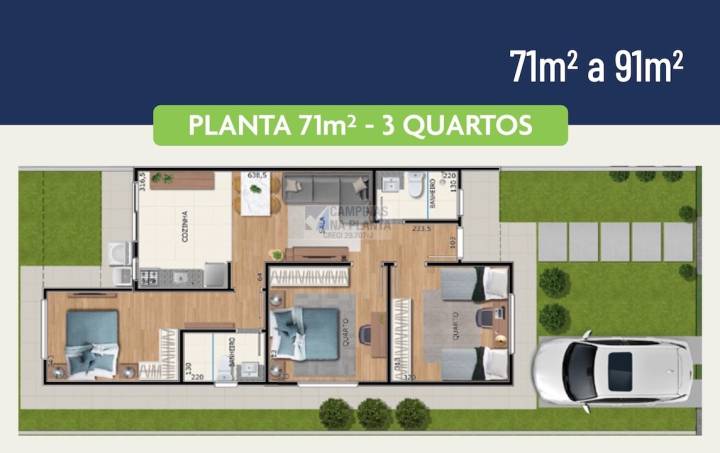 71m² a 91m² 2 quartos mais 1 suite