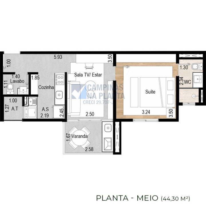 Planta tipo de meio de 44,30m² do empreendimento Wert Design Taquaral - apartamentos na planta otimizados.