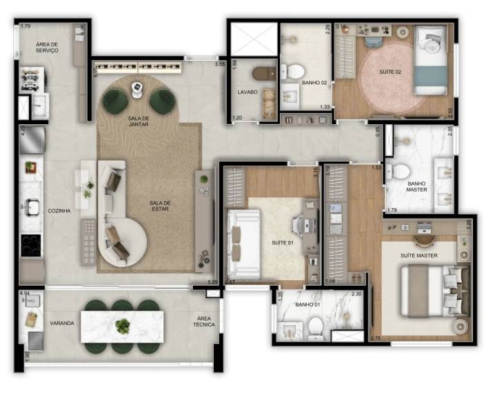 Planta do apartamento decorado com três suítes e varanda