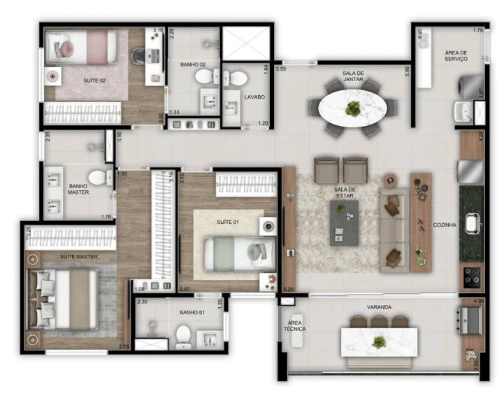 Planta tipo do Wide Nova Campinas com três suítes e varanda