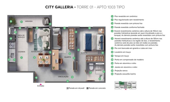 planta meio e bolotário c/ benefícios do apartamento 1004 da torre 1 do city galleria