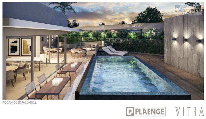 Área reservada com piscina e grilo deste lançamento Plaenge na Rua Maria Monteiro