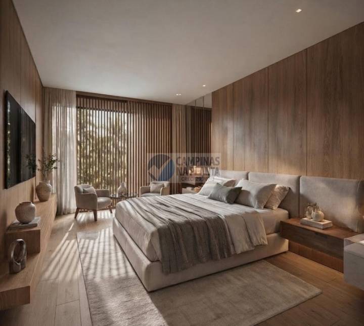Dormitório contemporâneo com brises e ampla abertura para o jardim em Campinas