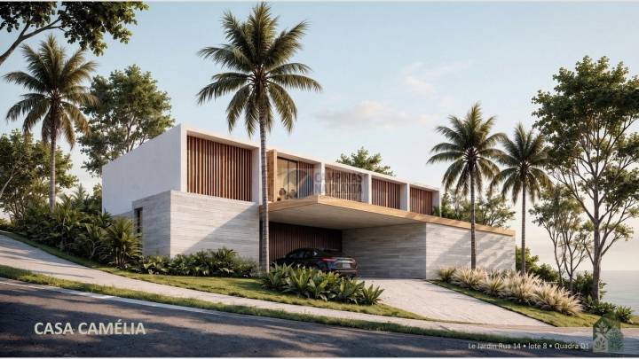 Fachada em ângulo da Casa Camélia, pré-lançamento Casas Vert em Sousas