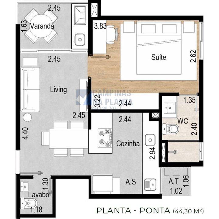 Planta ponta de 44,30m² do Wert Design Taquaral - lançamento no Taquaral com layouts funcionais.