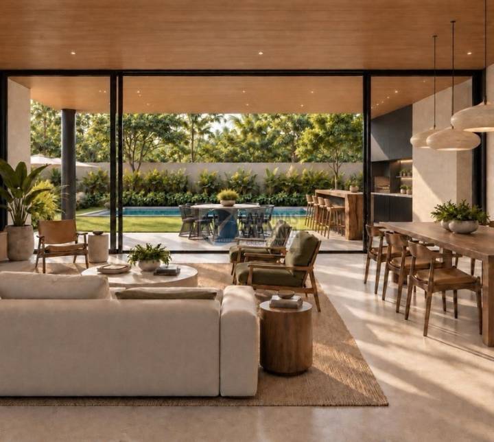 Living integrado ao gourmet e jardim com grandes esquadrias de vidro