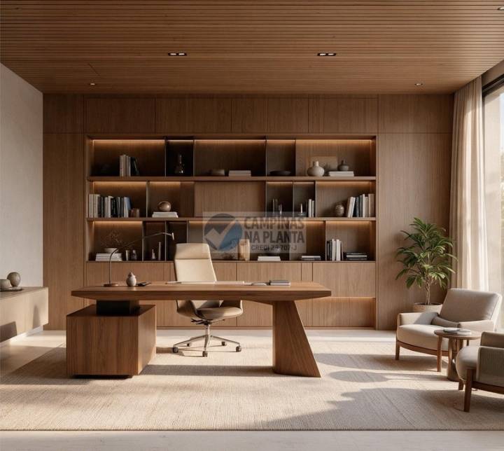 Home office contemporâneo com marcenaria, estantes e iluminação natural em Campinas