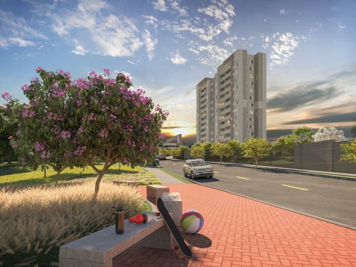 Bancos na praça convidativa do Complexo Mangará Campinas.