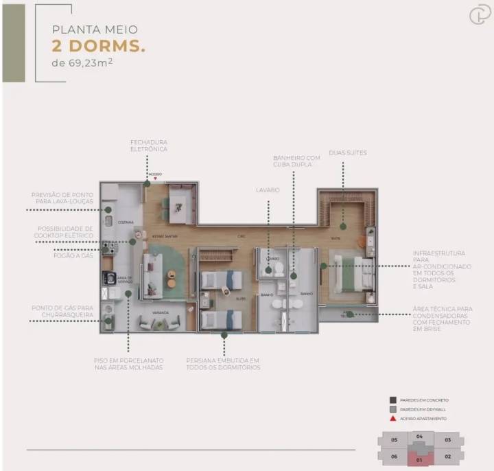 Planta de 69 m² de 2 quartos do Casa Prado Residence