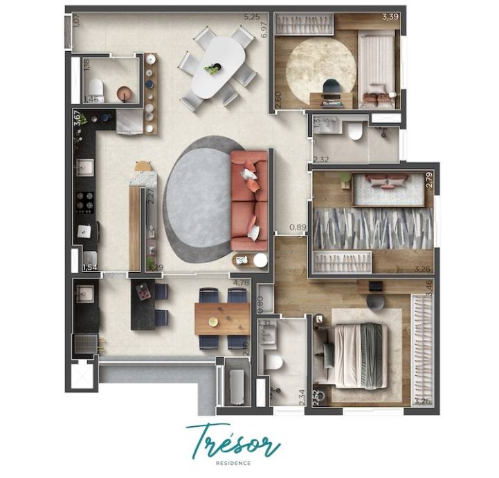 Planta do apartamento tipo de 100 m² do Trésor Residence