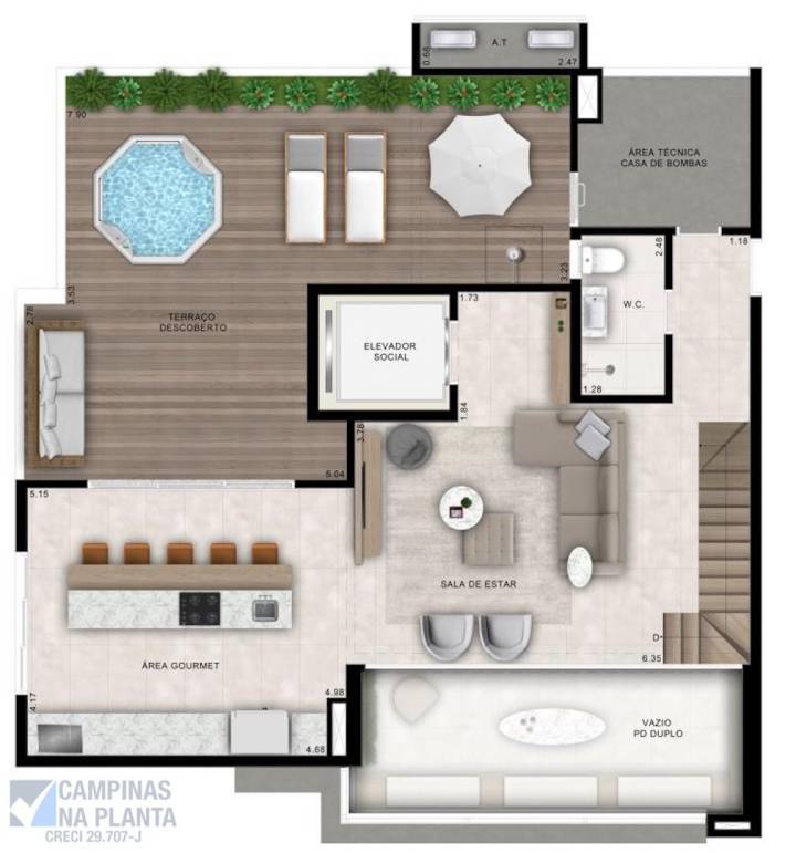 alto cambui planta apartamento cobertura duplex 245m² piso superior