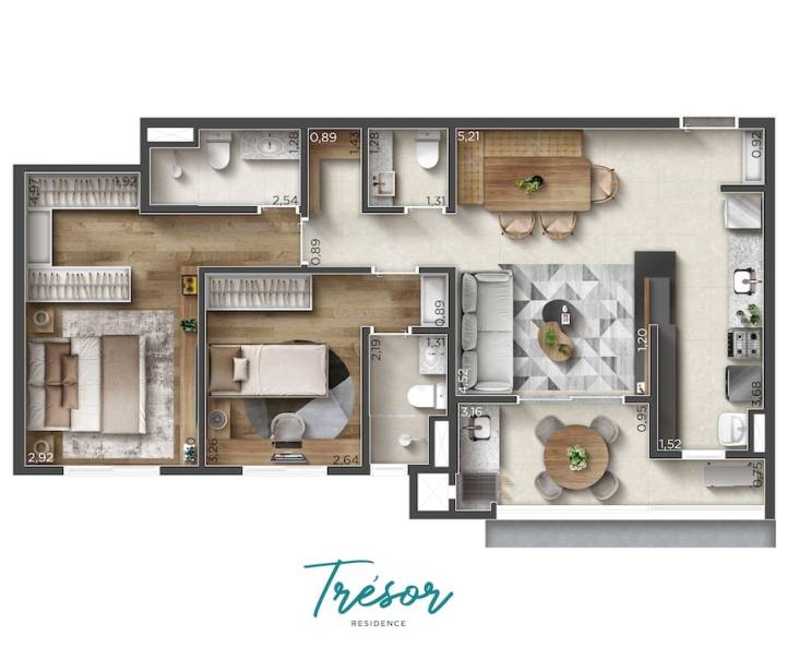Planta do apartamento tipo de 80 m² com distribuição dos ambientes