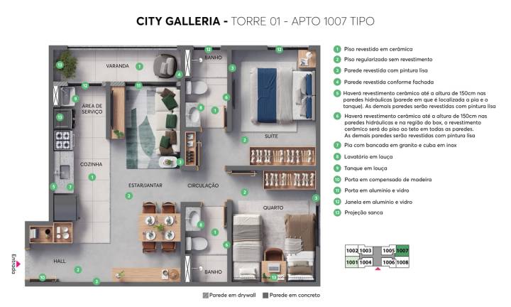 planta ponta e bolotário c/ benefícios do apartamento 1007 da torre 1 do city galleria