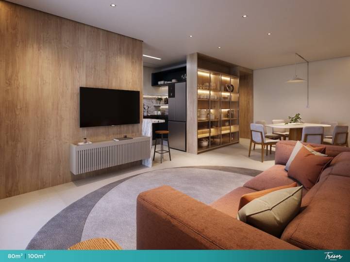 Sala de estar e jantar do apartamento decorado do Trésor Residence
