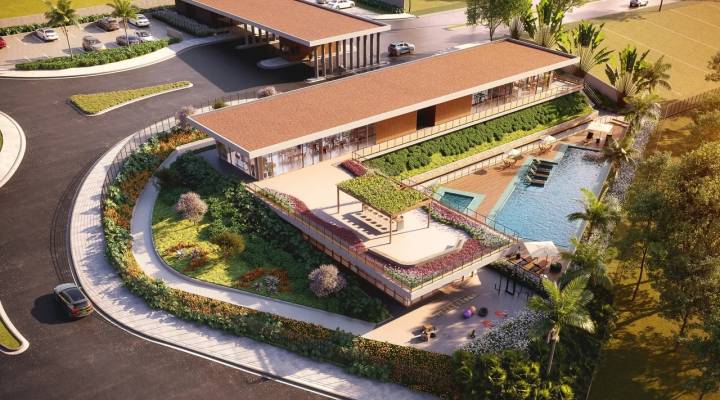 Vista aérea do clube com piscina e paisagismo do Gran Reserva Treviso, loteamento fechado em Paulínia