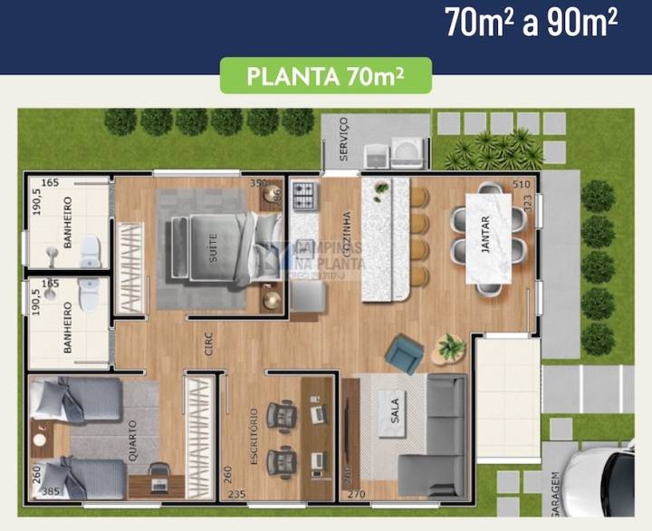 70m² a 90m² 1 quarto mais 1 suíte