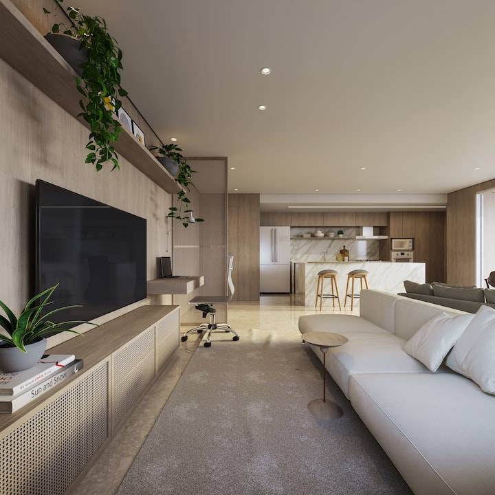 perspectiva ilustrada do estar e home office