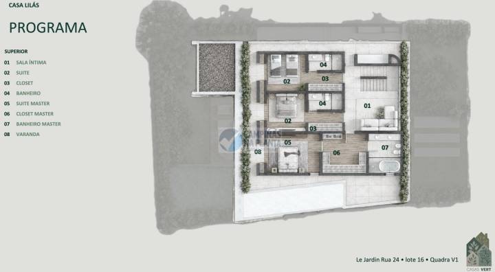 Planta superior da Casa Lilás com três suítes e sala íntima