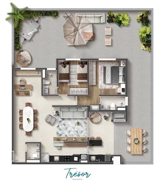 Planta do apartamento garden de 100 m² com jardim privativo