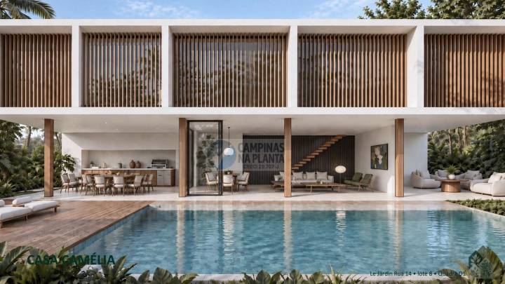 Piscina e fachada dos fundos da Casa Camélia no Le Jardin, Campinas