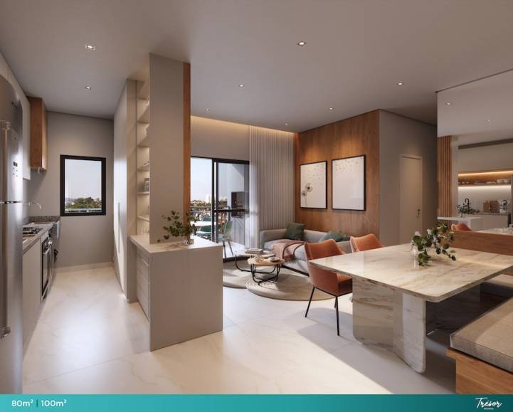 Sala de estar e jantar integrada à cozinha no apartamento