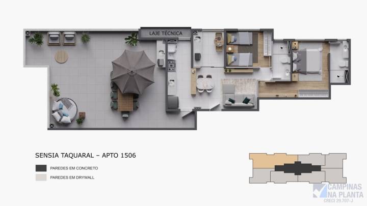 planta 1 suite e 1 quarto apto 1506 do sensia taquaral