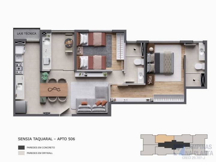 planta 1 suite e 1 quarto de 61m