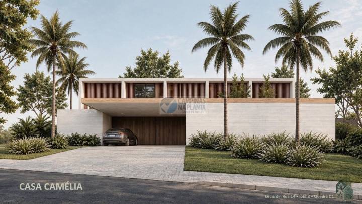 Fachada frontal contemporânea com volumes claros, brises e paisagismo integrado