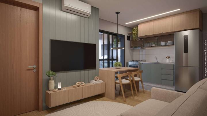 Sala de estar, jantar e cozinha integradas no apartamento do Liv Guanabara