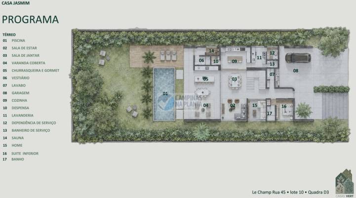 Planta térrea com suíte, home, varanda gourmet, sauna e piscina