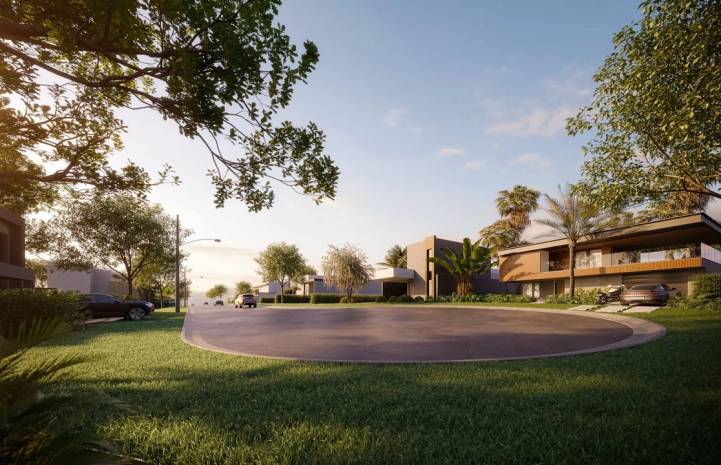 Vista interna da alameda e rotatória do Gran Reserva Treviso em Paulínia