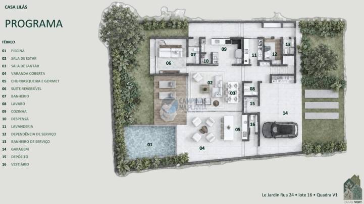 Planta térrea com suíte reversível, living, gourmet, deck e piscina