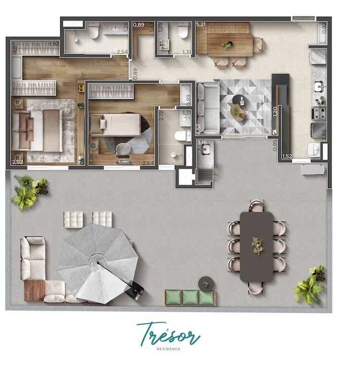 Planta do apartamento garden de 80 m² do Trésor Residence