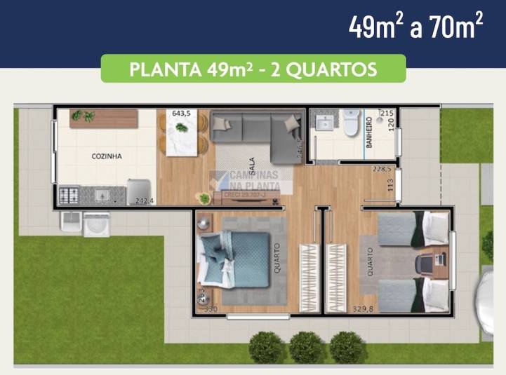planta humanizada 49m² a 70m² 2 quartos