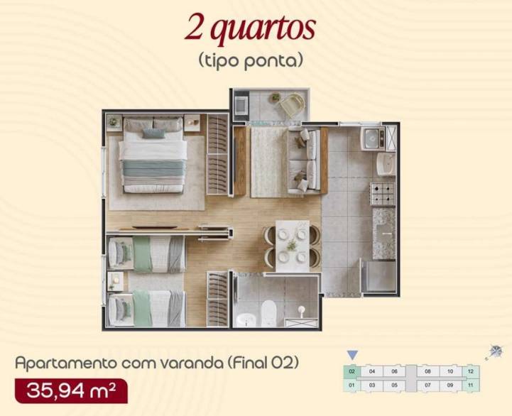 Planta de apartamento do Alto Elíseos 74 com dois quartos, varanda