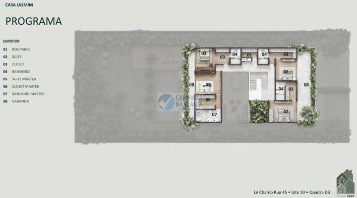 Planta superior da Casa Jasmim com três suítes, incluindo a master