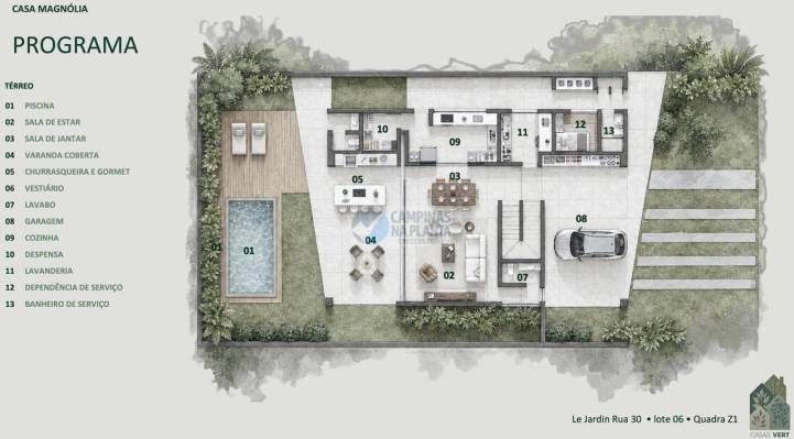 Planta térrea com living, gourmet, cozinha, área de serviço e piscina