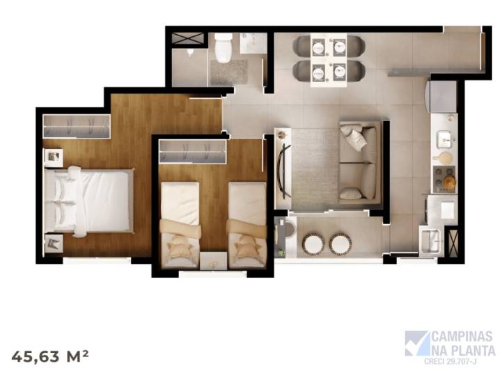 planta apto 2 quarto 45m