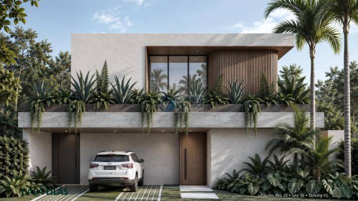 Fachada frontal da Casa Lilás, pré-lançamento Casas Vert no Le Jardin