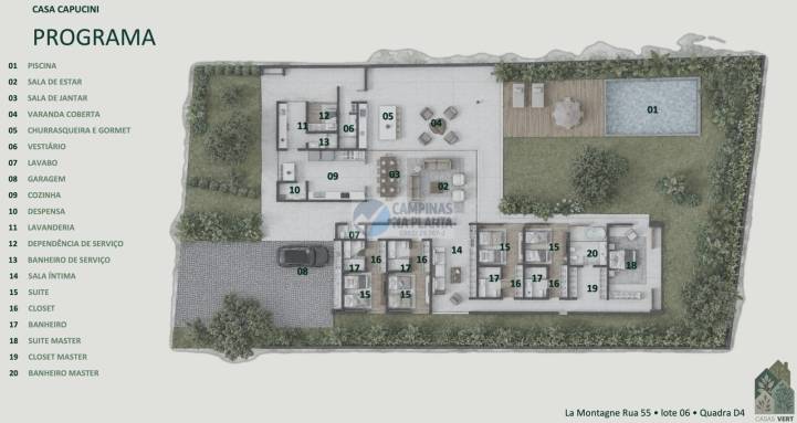 Planta da Casa Capucini com pavimento único e cinco suítes
