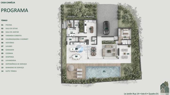 Planta térrea com suíte, living integrado, gourmet, jardim e piscina