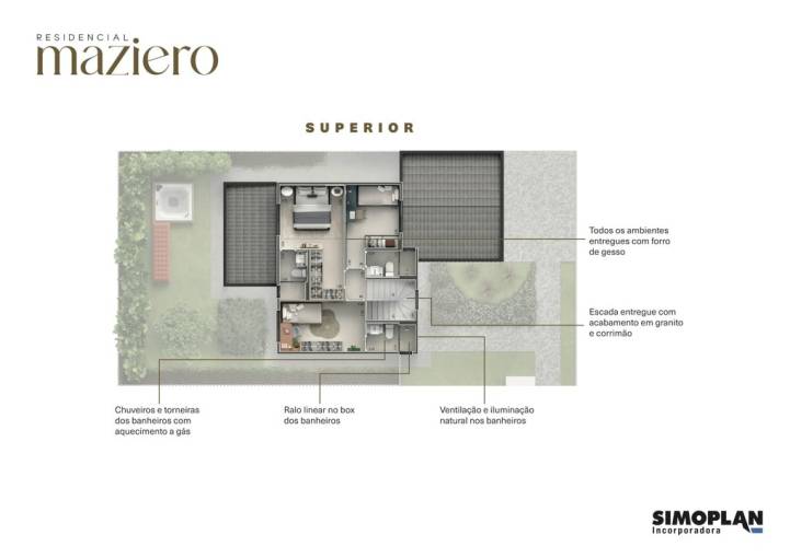 Planta do pavimento superior dos sobrados com 3 suíes do Residencial Maziero