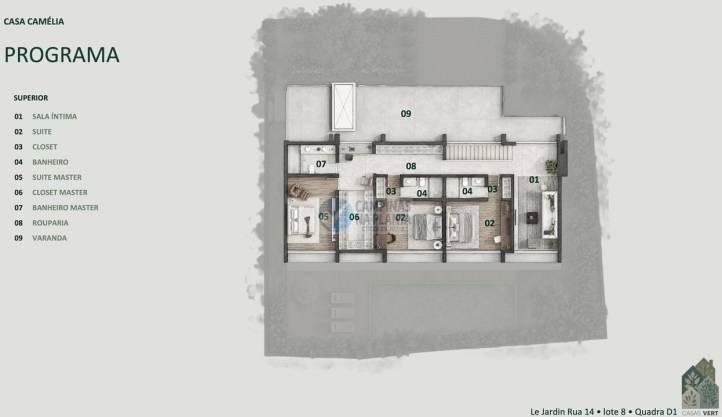 Planta superior da Casa Camélia com três suítes e sala íntima