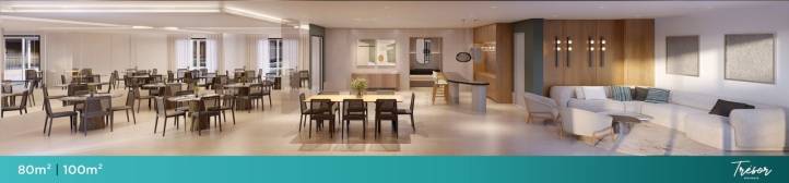 Salão de festas do Trésor Residence com mesas e cozinha