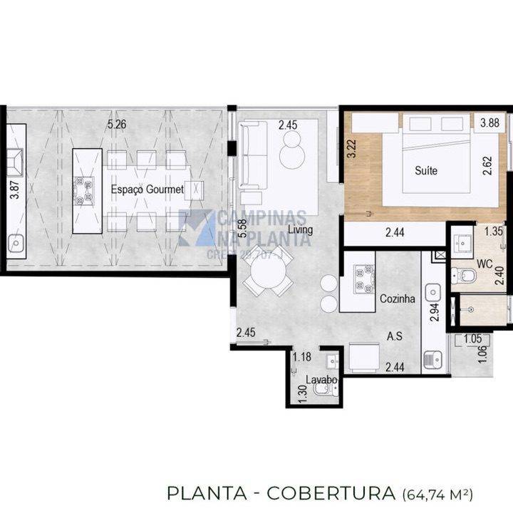 Planta cobertura de 64,74m² do Wert Design Taquaral - lançamento no Taquaral com cobertura espaçosa.