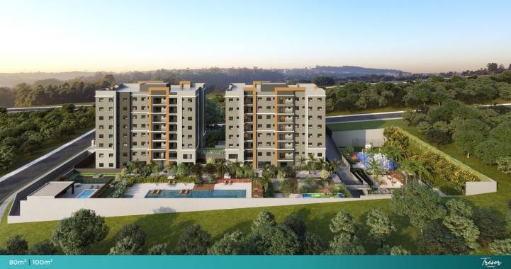 Vista aérea do Trésor Residence com torres e área de lazer