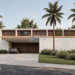 Fachada frontal da Casa Camélia, com volumes claros, brises e paisagismo integrado