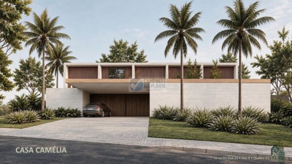 Fachada frontal da Casa Camélia, com volumes claros, brises e paisagismo integrado