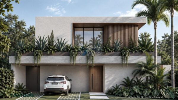 Fachada frontal da Casa Lilás, pré-lançamento Casas Vert no Le Jardin